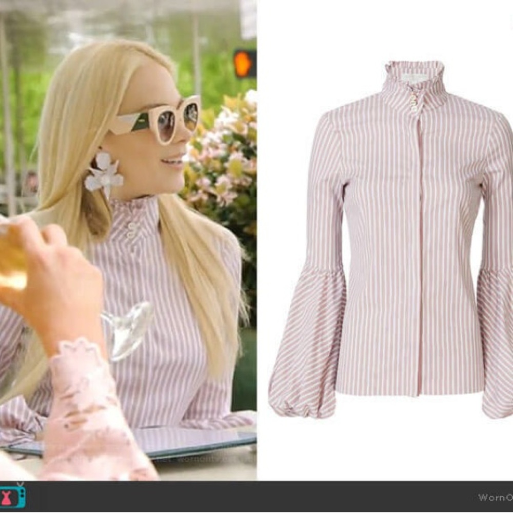 Caroline Constas Brown and White Bell Sleeve Blouse